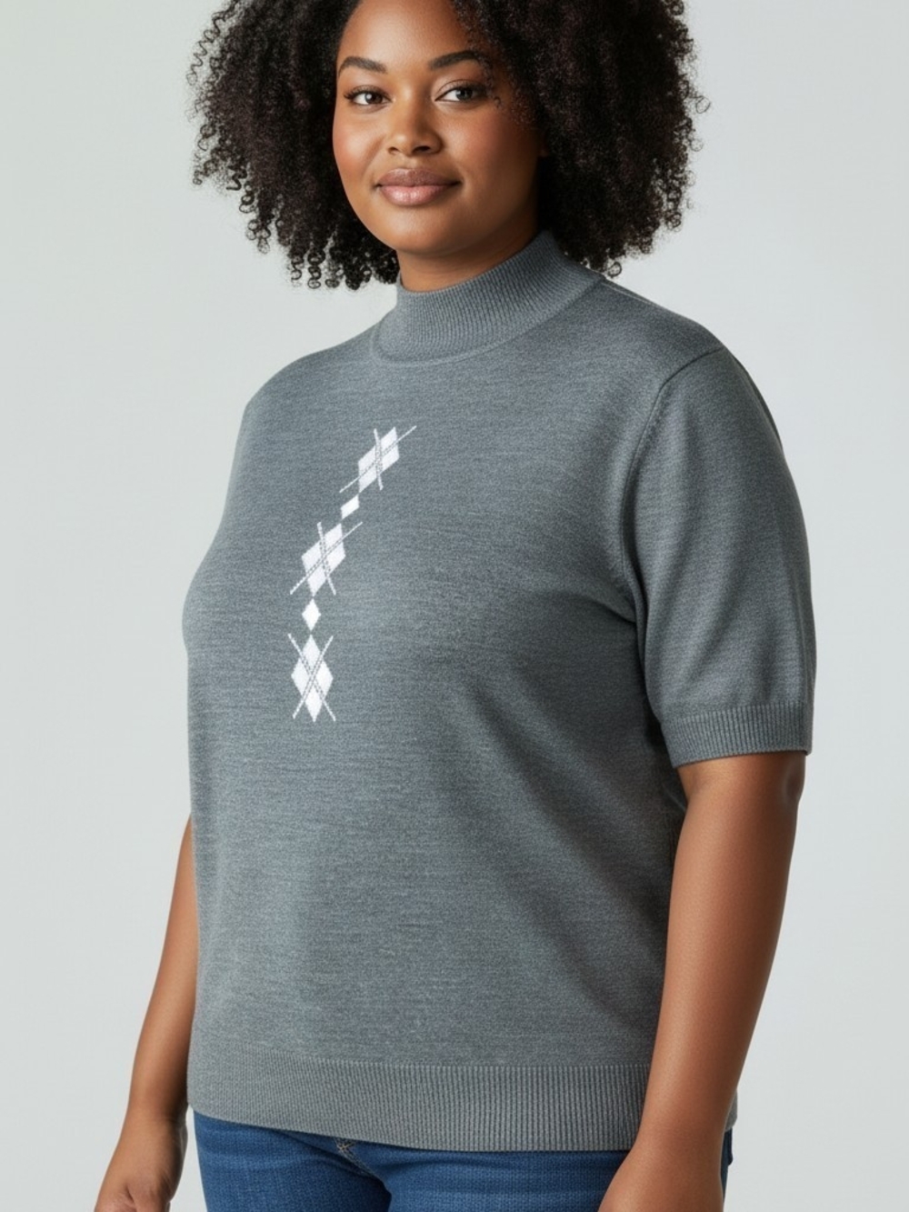 #265 Sag Harbor Gray Short-Sleeve Mock Neck Top with Pink Argyle Detail